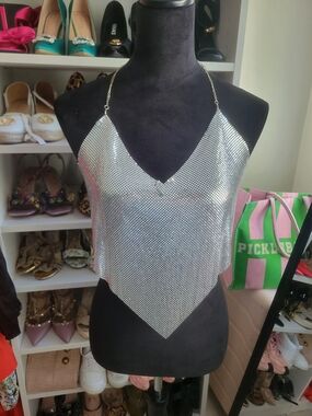 Silver Metallic Chainmail Halter Crop Top Sexy